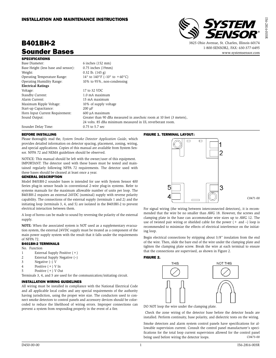 System Sensor B401BH-2 User Manual | 2 pages
