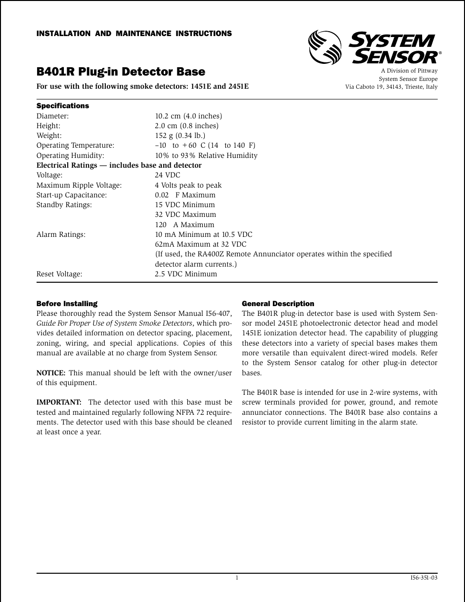 System Sensor B401R User Manual | 4 pages