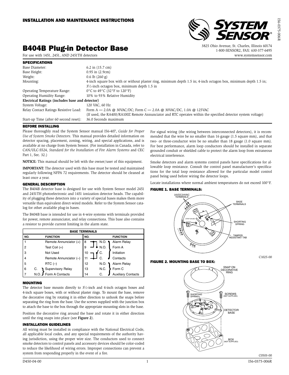 System Sensor B404B User Manual | 2 pages