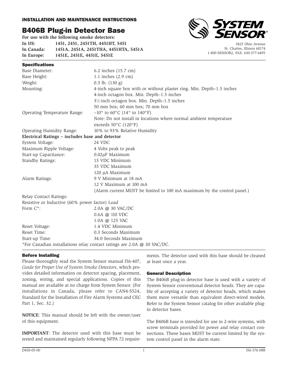 System Sensor B406B User Manual | 4 pages