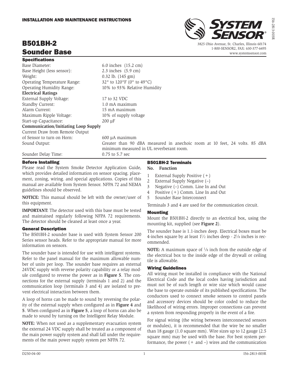 System Sensor B501BH-2 User Manual | 4 pages