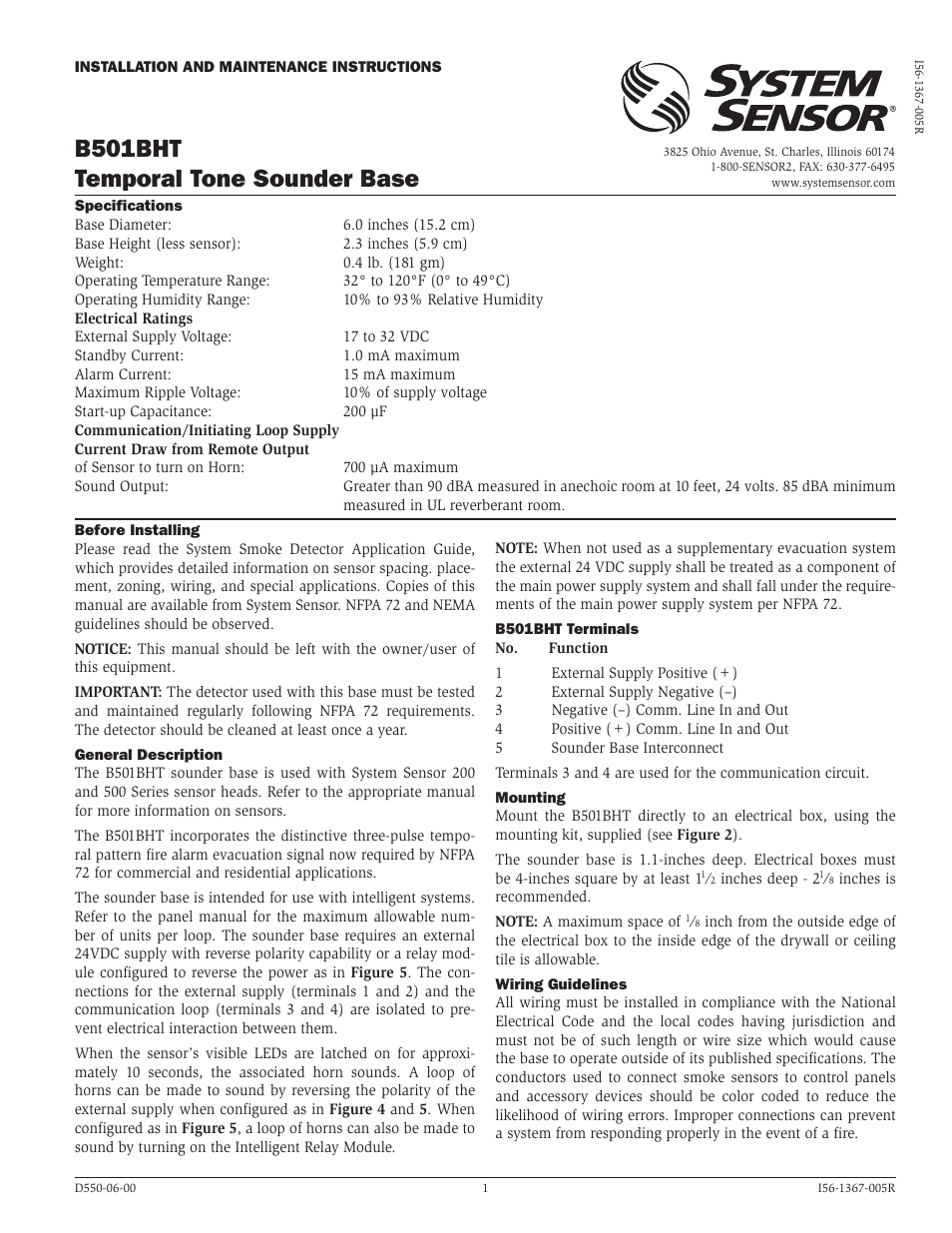 System Sensor B501BHT User Manual | 4 pages