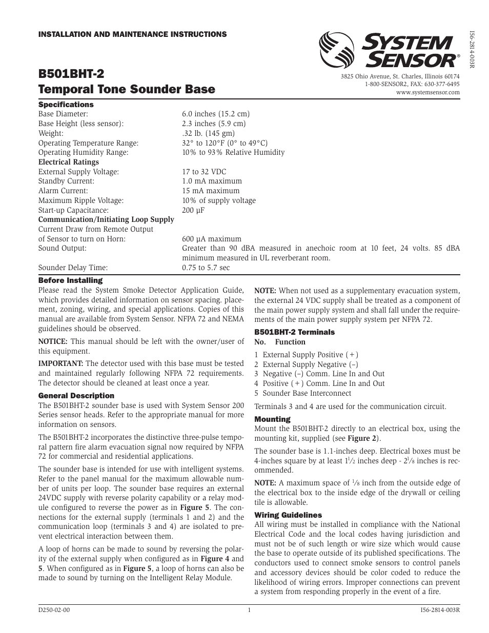 System Sensor B501BHT-2 User Manual | 4 pages