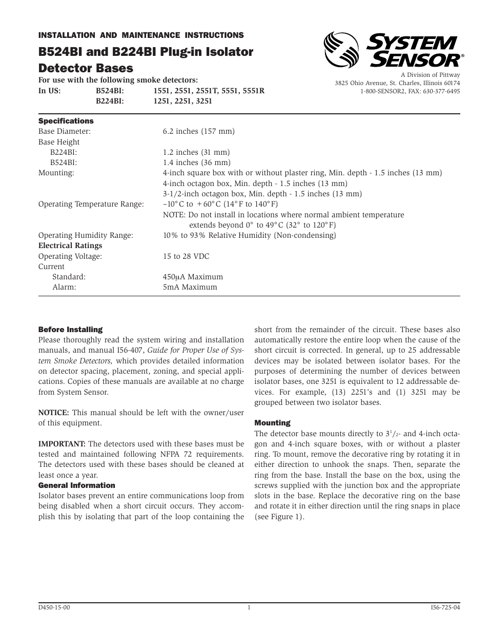 System Sensor B524BI User Manual | 4 pages