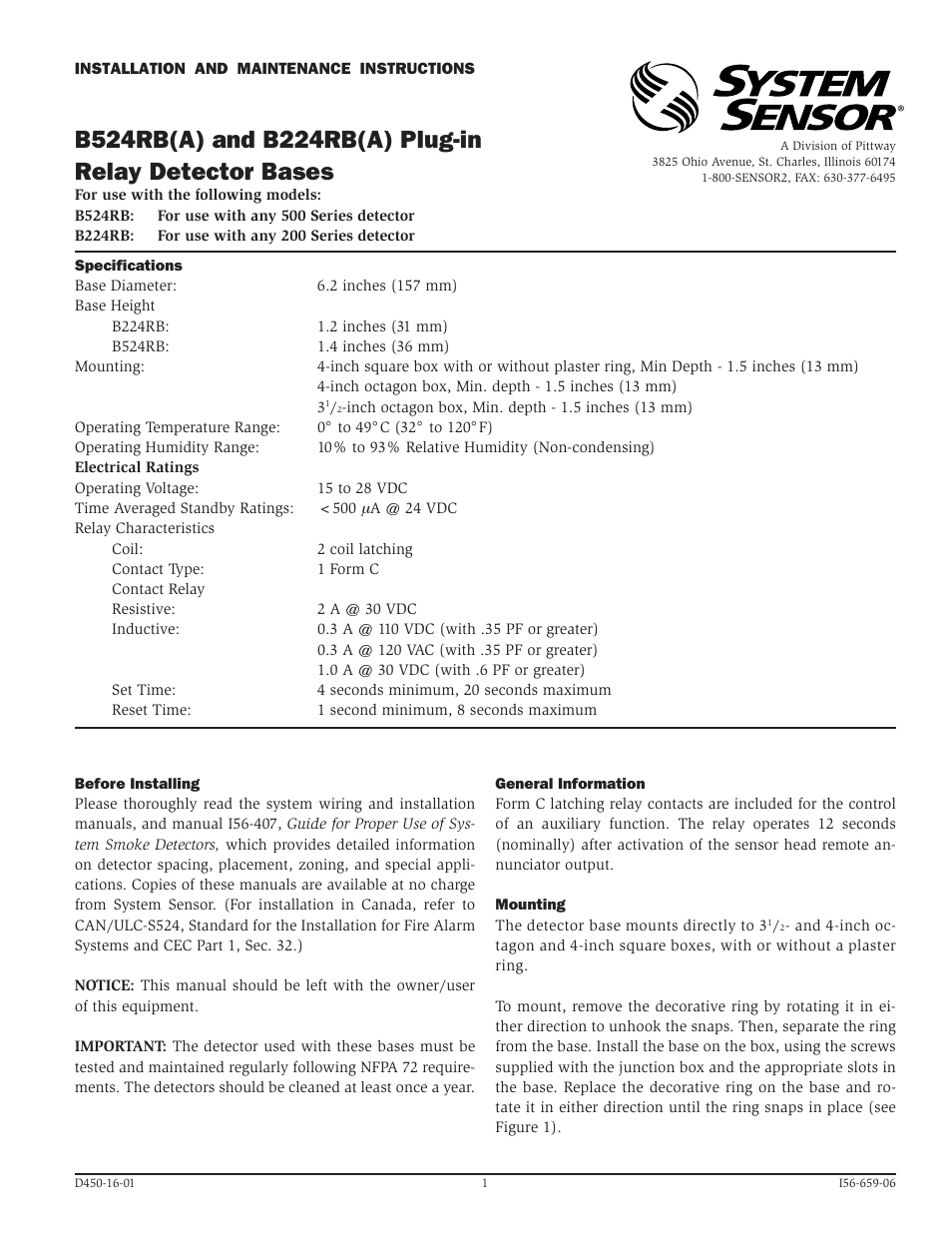 System Sensor B524RB User Manual | 4 pages