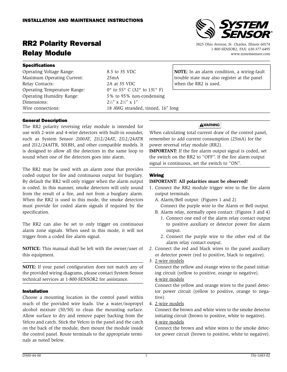 System Sensor RR2 User Manual | 4 pages