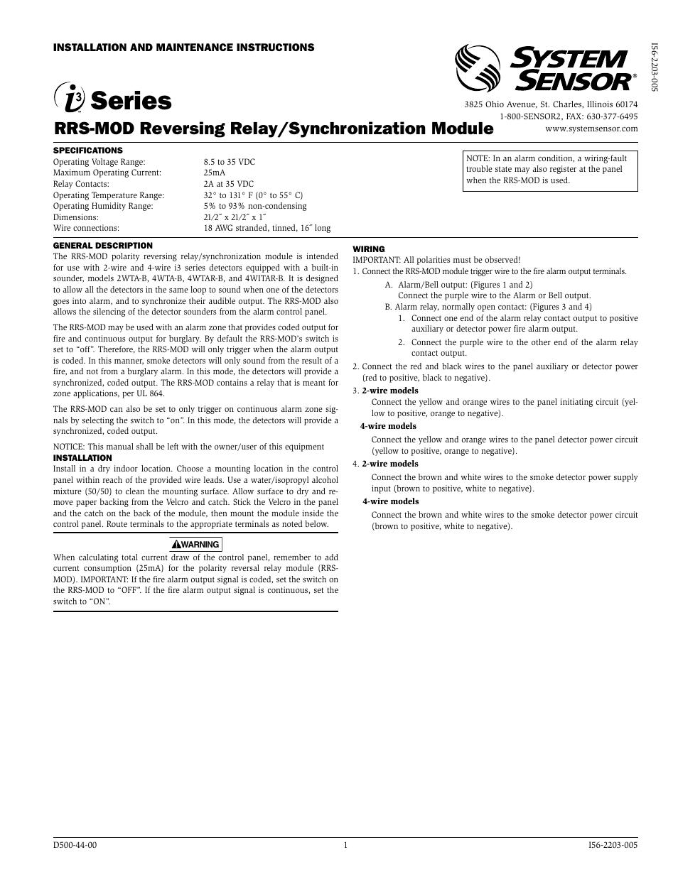 System Sensor RRS-MOD User Manual | 4 pages