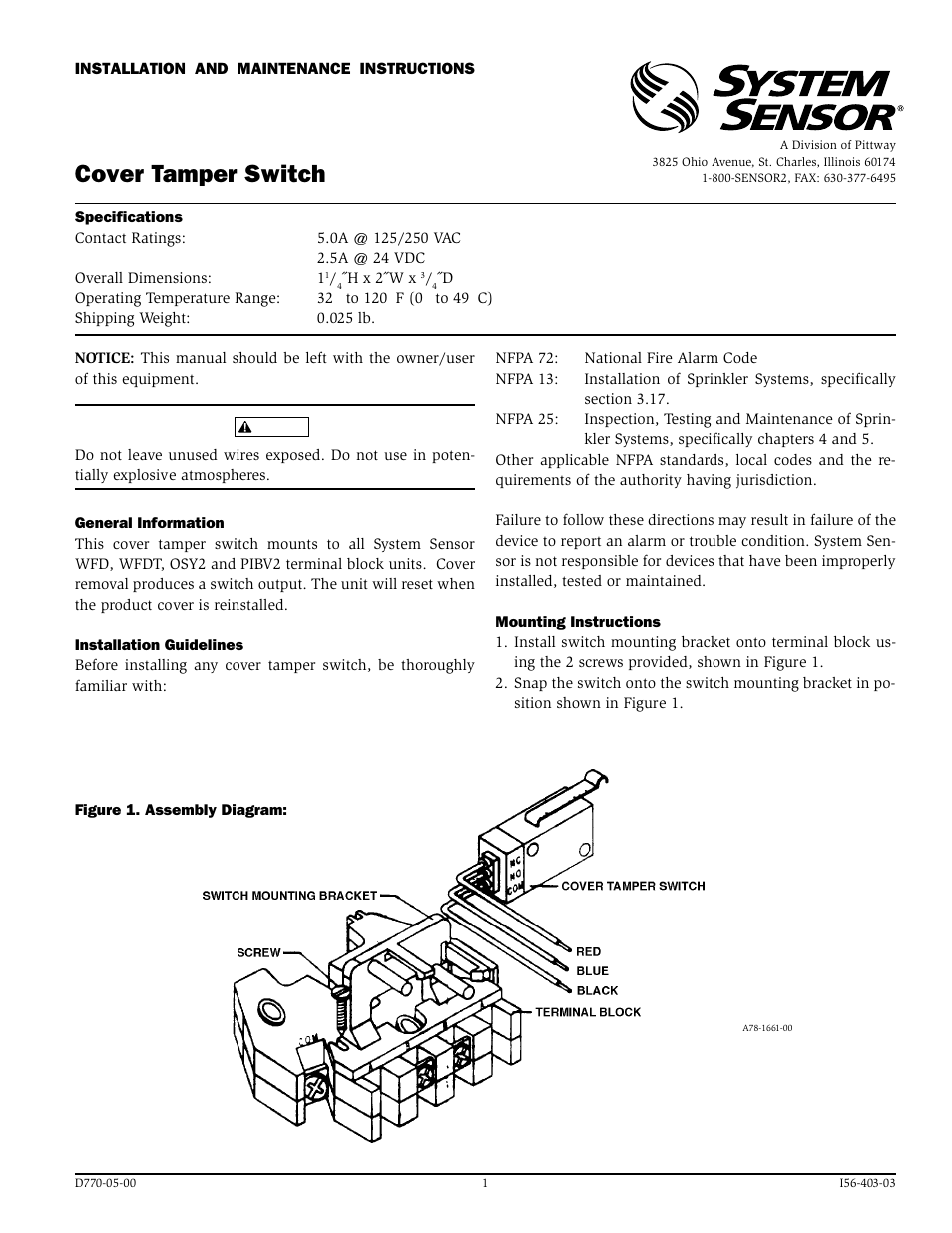 System Sensor 546-7000 Cover Tamper Switch User Manual | 2 pages