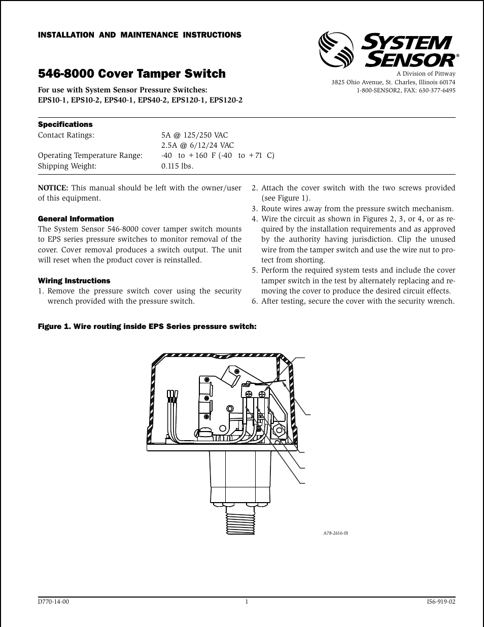 System Sensor 546-8000 Cover Tamper Switch User Manual | 2 pages