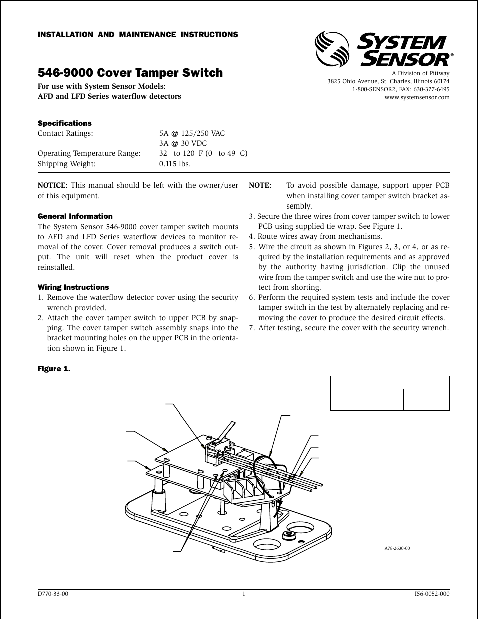 System Sensor 546-9000 Cover Tamper Switch User Manual | 2 pages