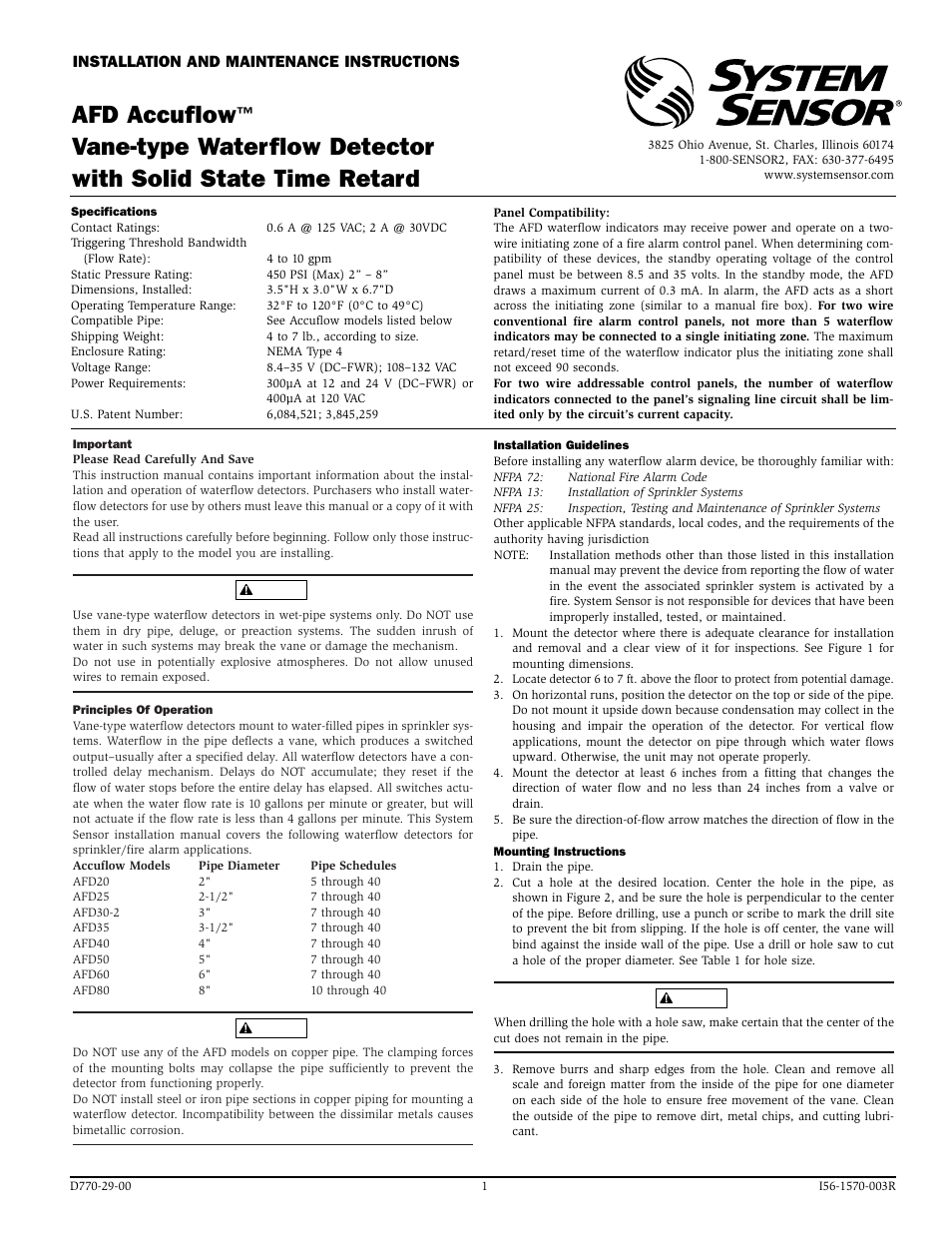 System Sensor AFD Models User Manual | 4 pages
