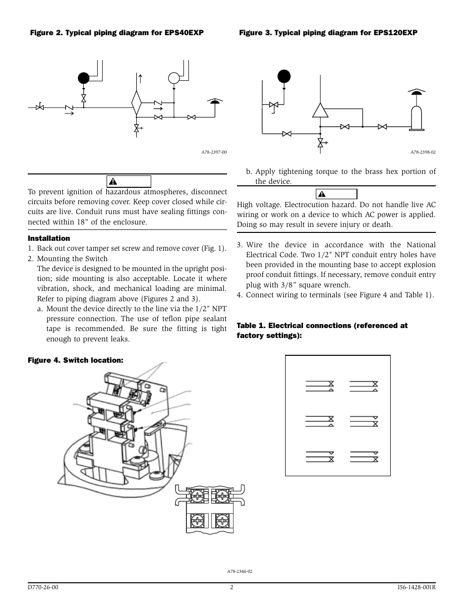 Figure 3. typical piping diagram for eps120exp, Figure 4. switch location, Figure 2. typical piping diagram for eps40exp | Warning | System Sensor EPS40EXP and EPS120EXP User Manual | Page 2 / 4