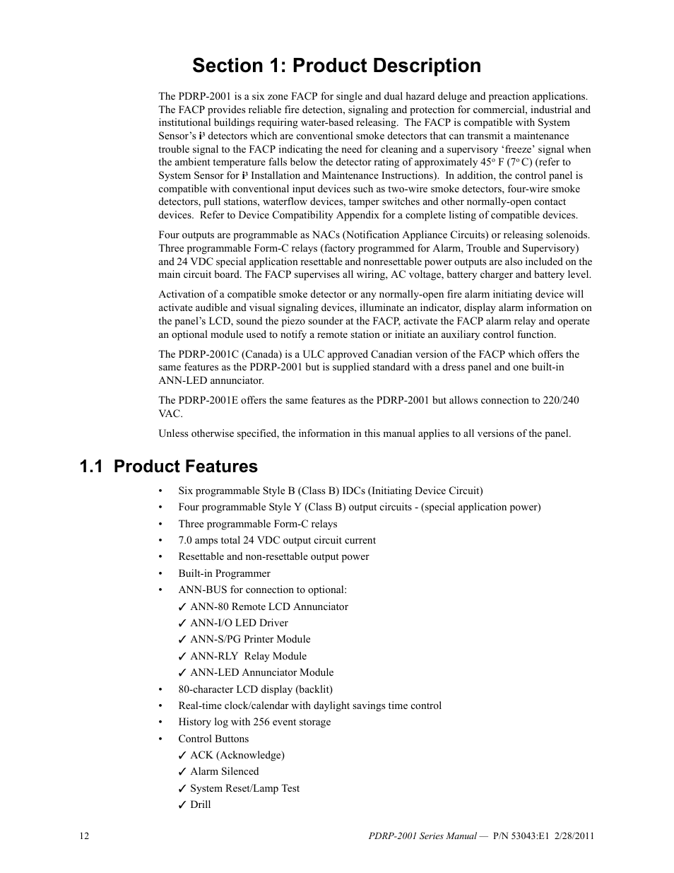 Section 1: product description, 1 product features, Product features | System Sensor PDRP-2001 User Manual | Page 12 / 148