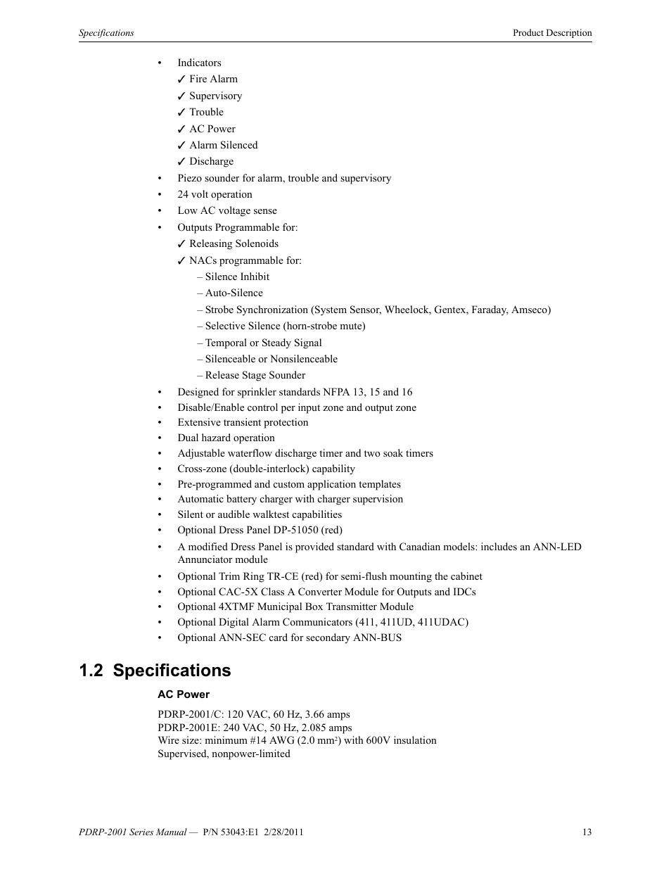 2 specifications, Specifications | System Sensor PDRP-2001 User Manual | Page 13 / 148