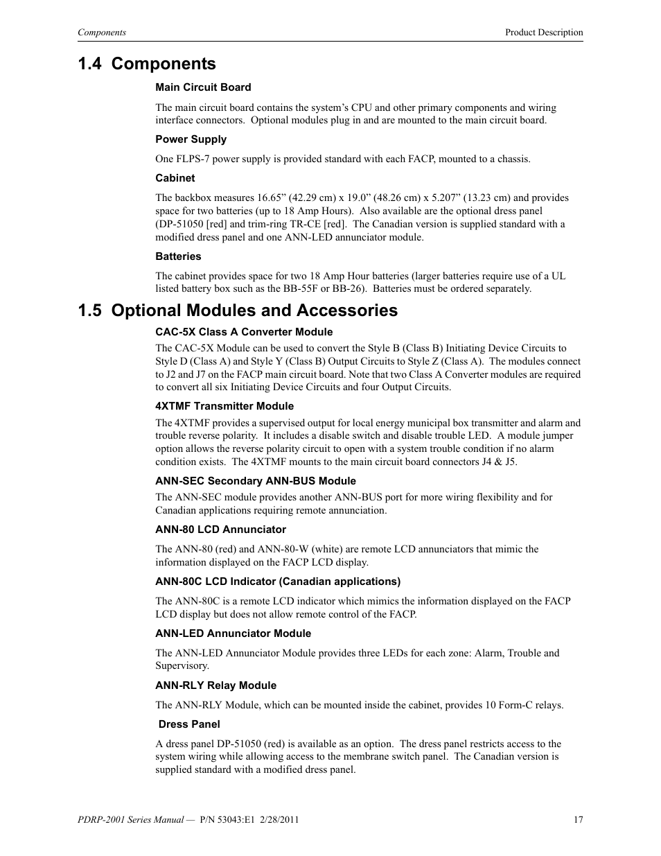 4 components, 5 optional modules and accessories, Components 1.5: optional modules and accessories | System Sensor PDRP-2001 User Manual | Page 17 / 148