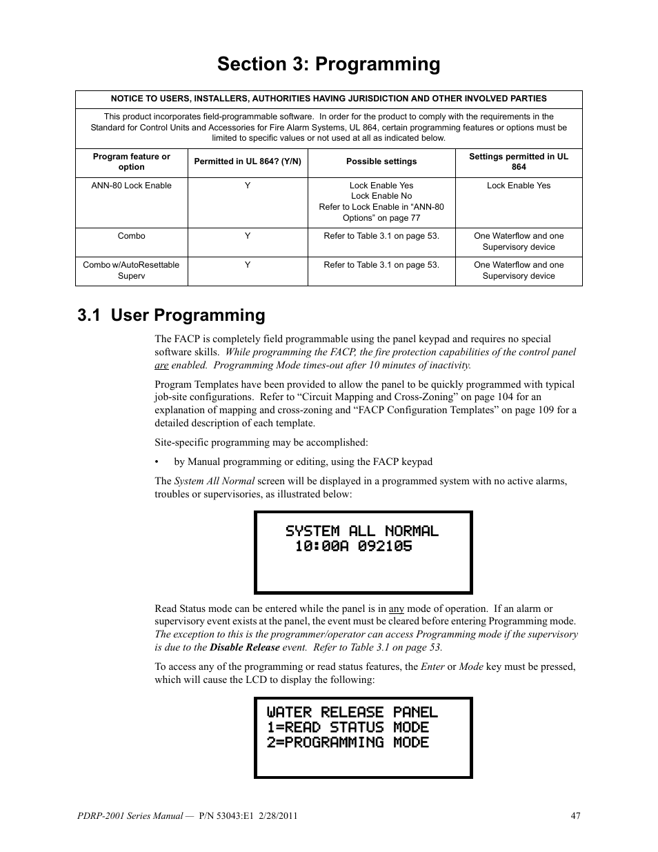 Section 3: programming, 1 user programming, User programming | System Sensor PDRP-2001 User Manual | Page 47 / 148