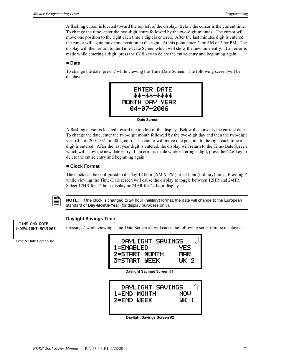 Daylight savings 1=end month nov 2=end week wk 1 | System Sensor PDRP-2001 User Manual | Page 71 / 148