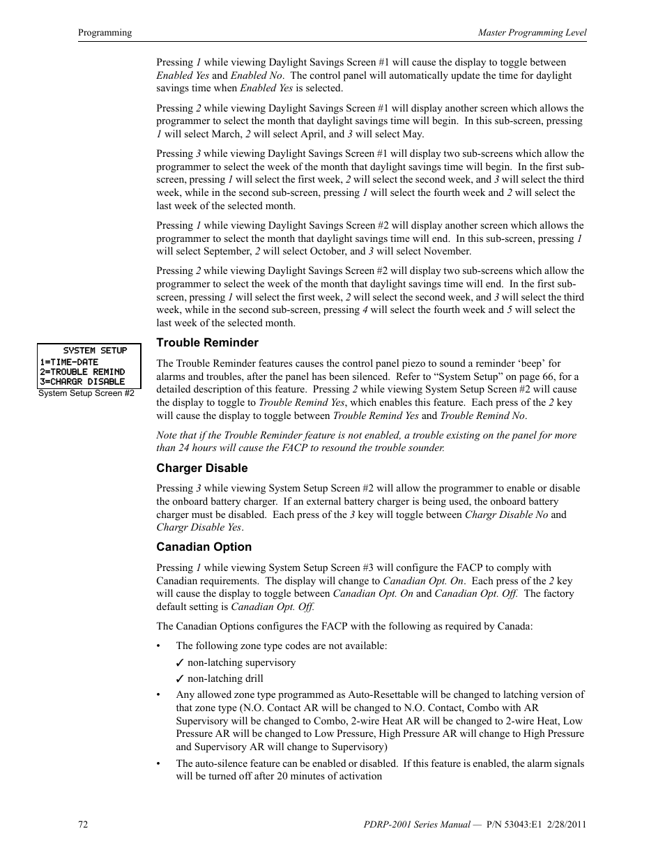 Trouble reminder, Charger disable, Canadian option | Trouble reminder charger disable canadian option | System Sensor PDRP-2001 User Manual | Page 72 / 148