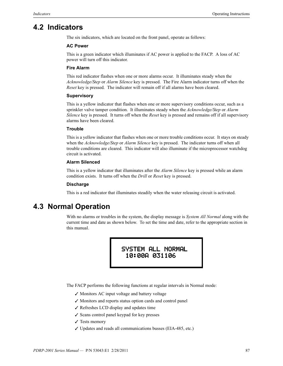 2 indicators, 3 normal operation, Indicators 4.3: normal operation | System Sensor PDRP-2001 User Manual | Page 87 / 148
