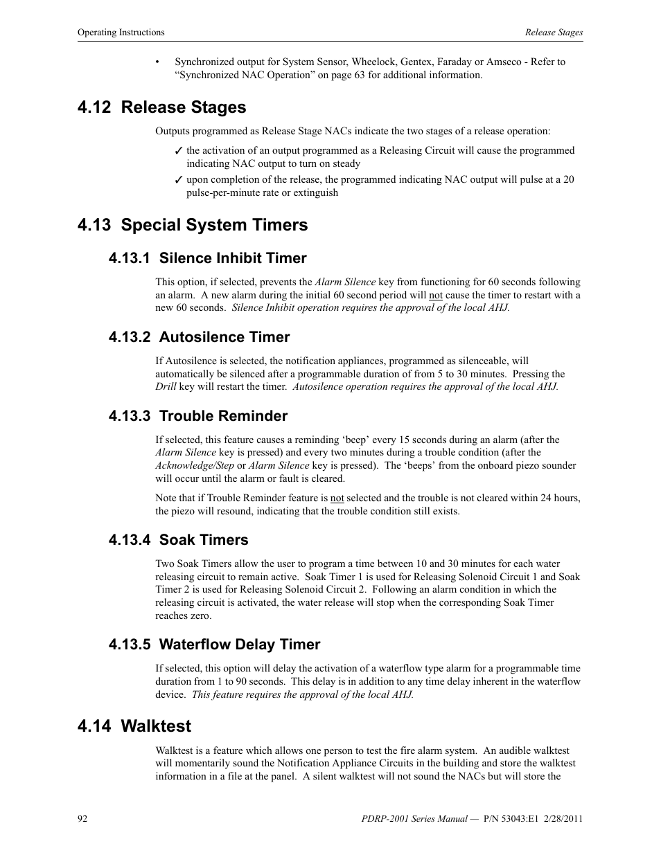 12 release stages, 13 special system timers, 1 silence inhibit timer | 2 autosilence timer, 3 trouble reminder, 4 soak timers, 5 waterflow delay timer, 14 walktest, Release stages 4.13: special system timers, Walktest | System Sensor PDRP-2001 User Manual | Page 92 / 148