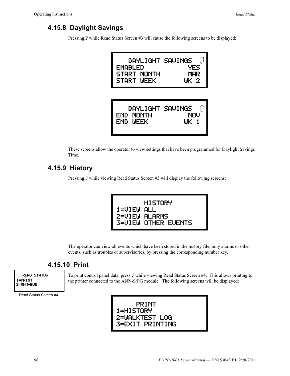8 daylight savings, 9 history, 10 print | Daylight savings 4.15.9: history 4.15.10: print | System Sensor PDRP-2001 User Manual | Page 98 / 148