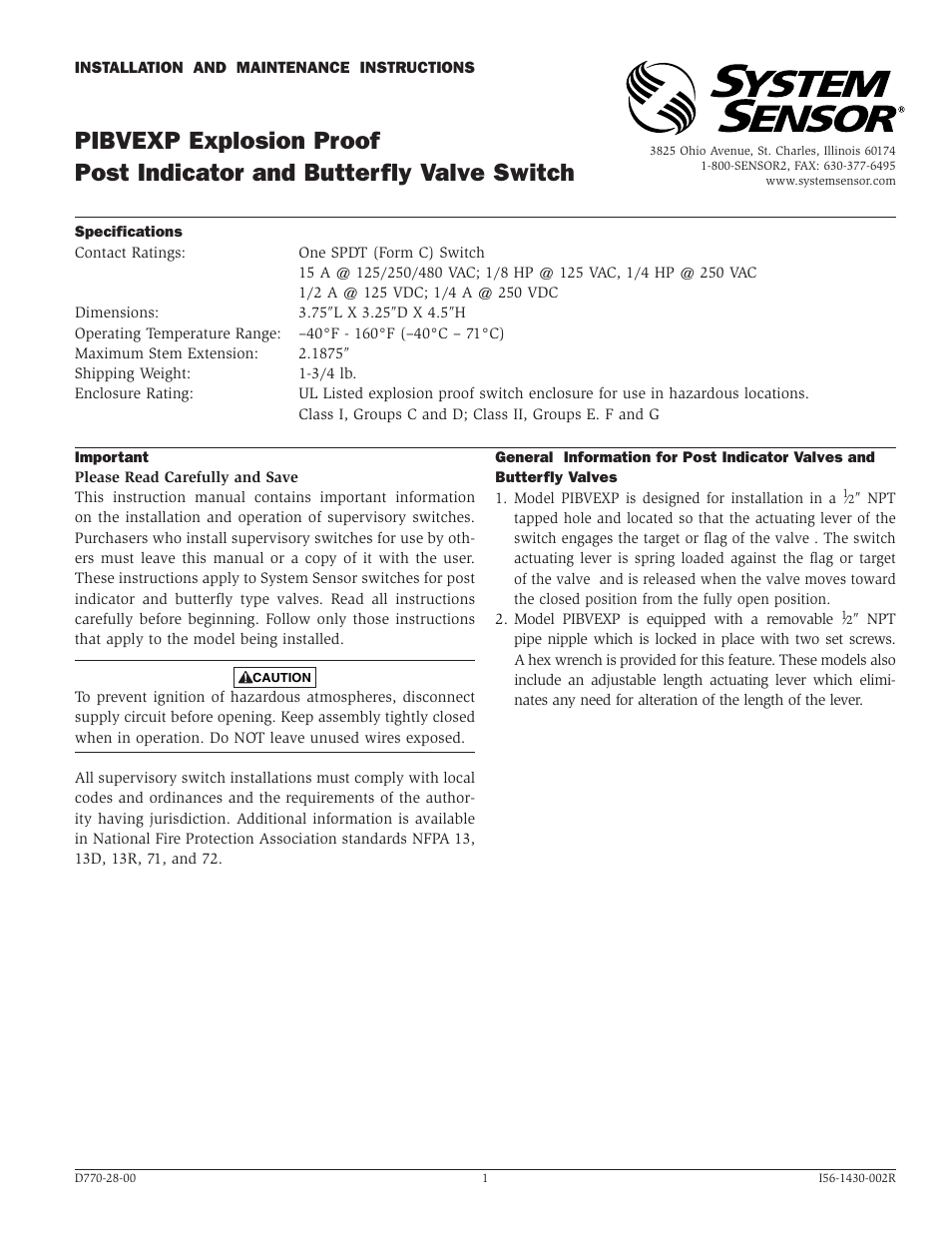 System Sensor PIBVEXP User Manual | 4 pages