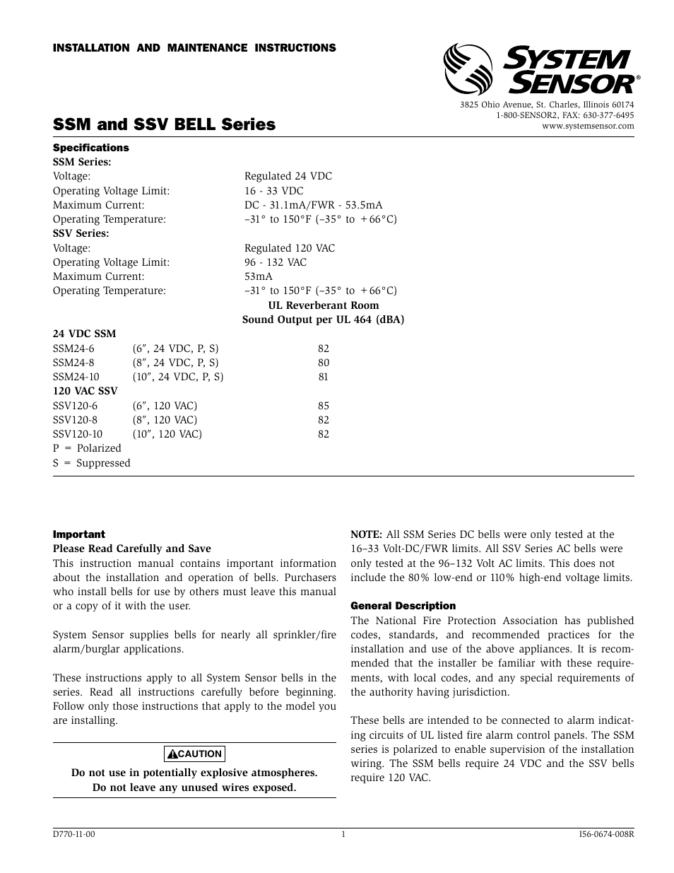 System Sensor SSM and SSV Models User Manual | 4 pages