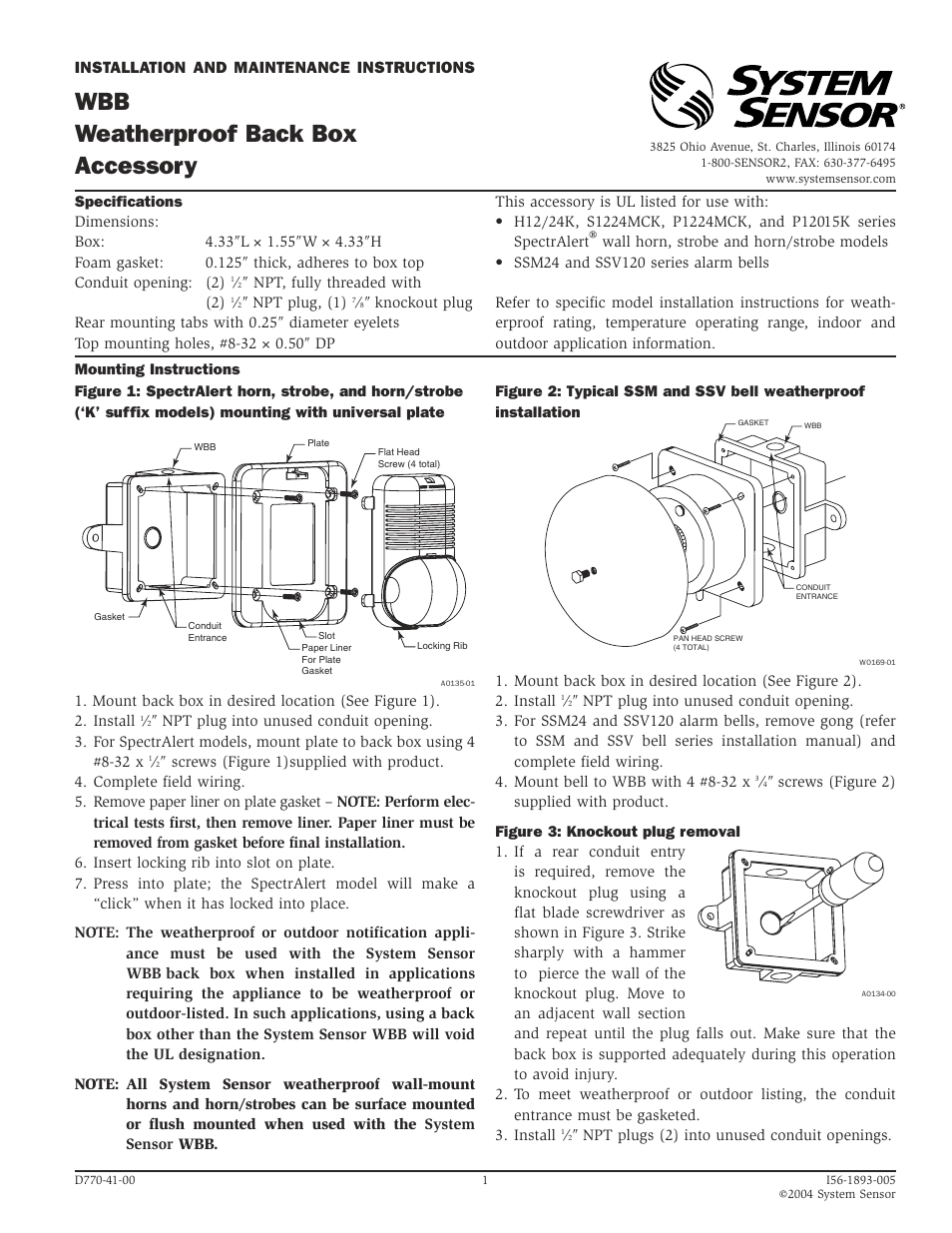 System Sensor WBB User Manual | 1 page