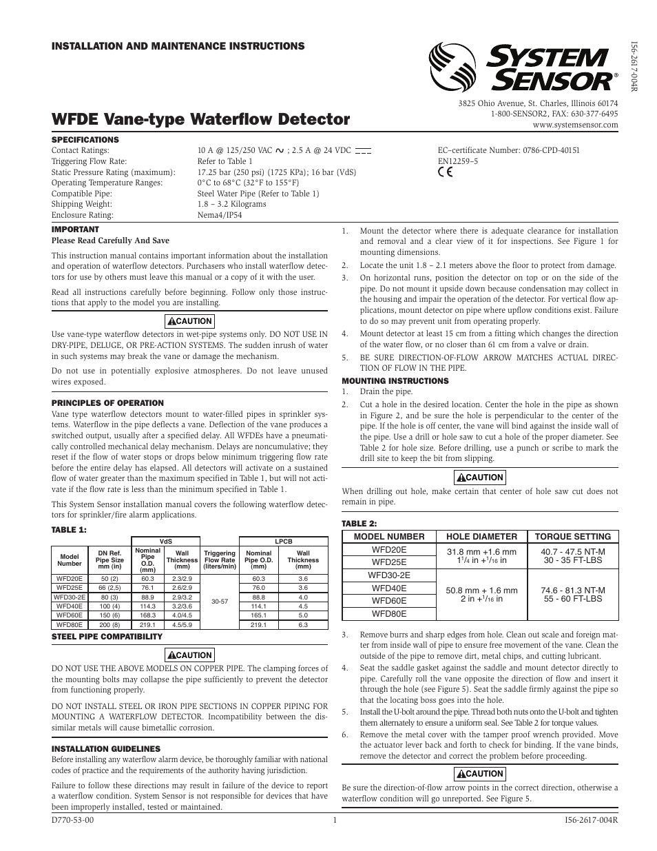 System Sensor WFD European Models User Manual | 4 pages