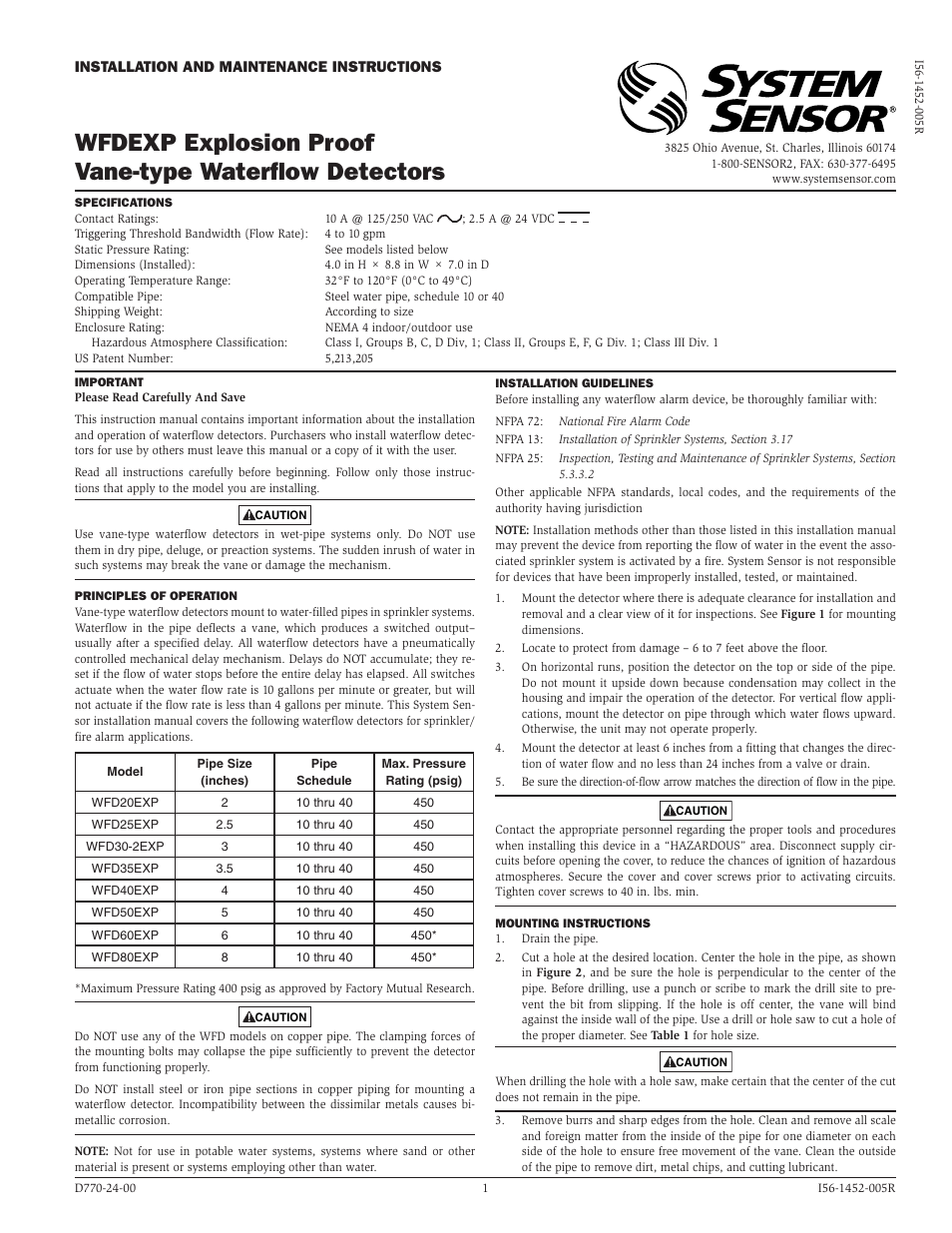 System Sensor WFD Explosion Proof User Manual | 4 pages