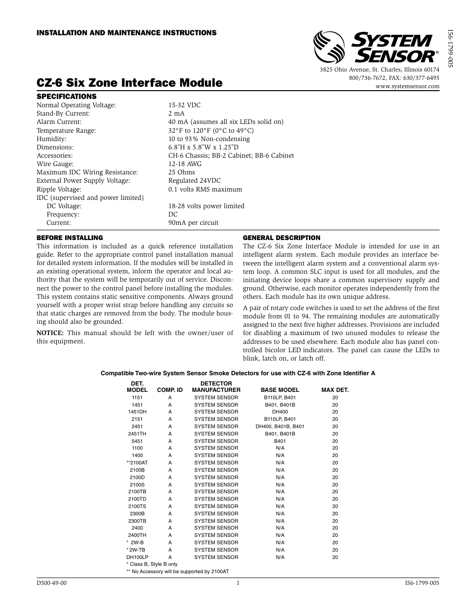 System Sensor CZ-6 User Manual | 6 pages