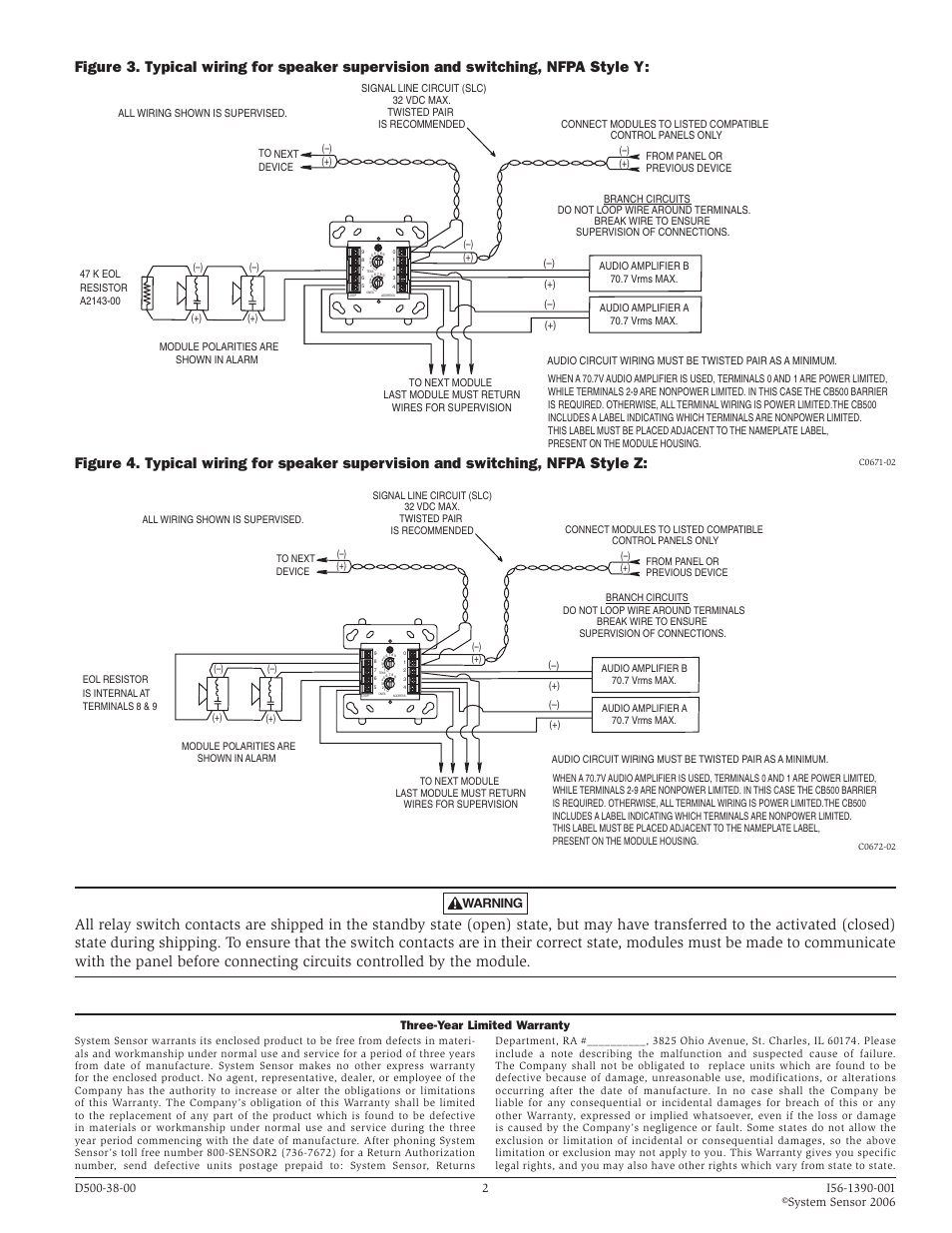 Warning, Three-year limited warranty | System Sensor M500DR User Manual | Page 2 / 2