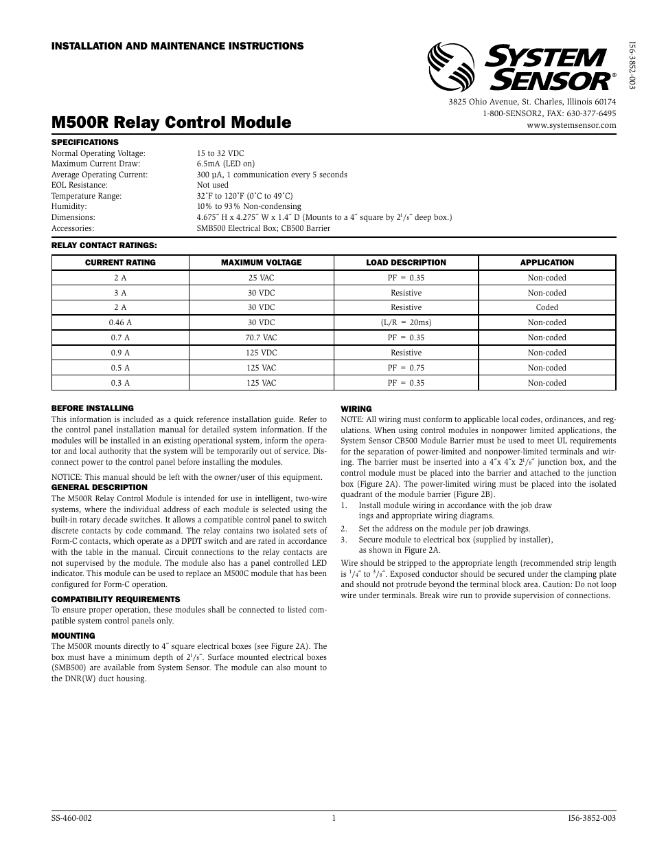 System Sensor M500R User Manual | 2 pages