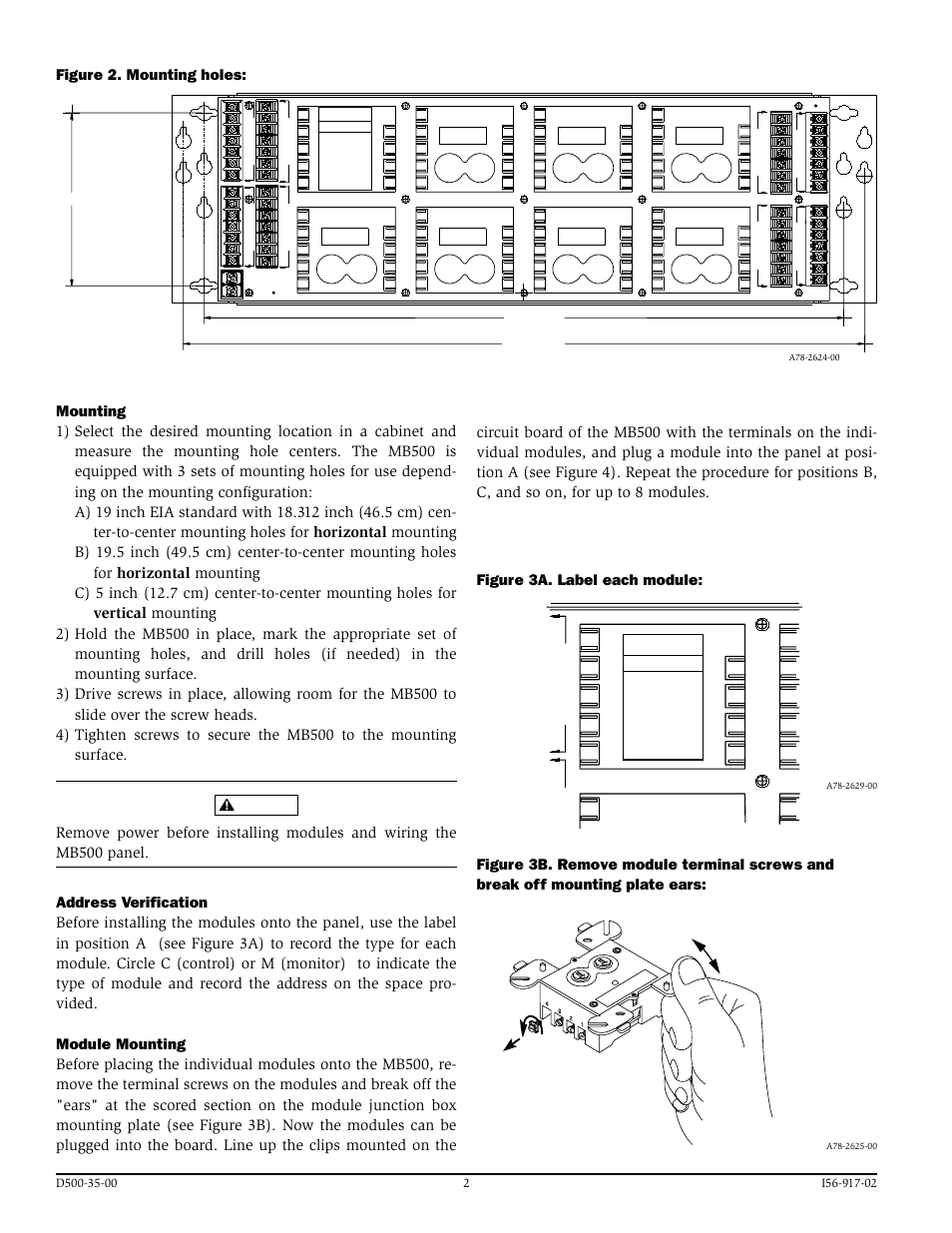 Figure 2. mounting holes, Figure 3a. label each module, Warning | System Sensor MB500 User Manual | Page 2 / 4