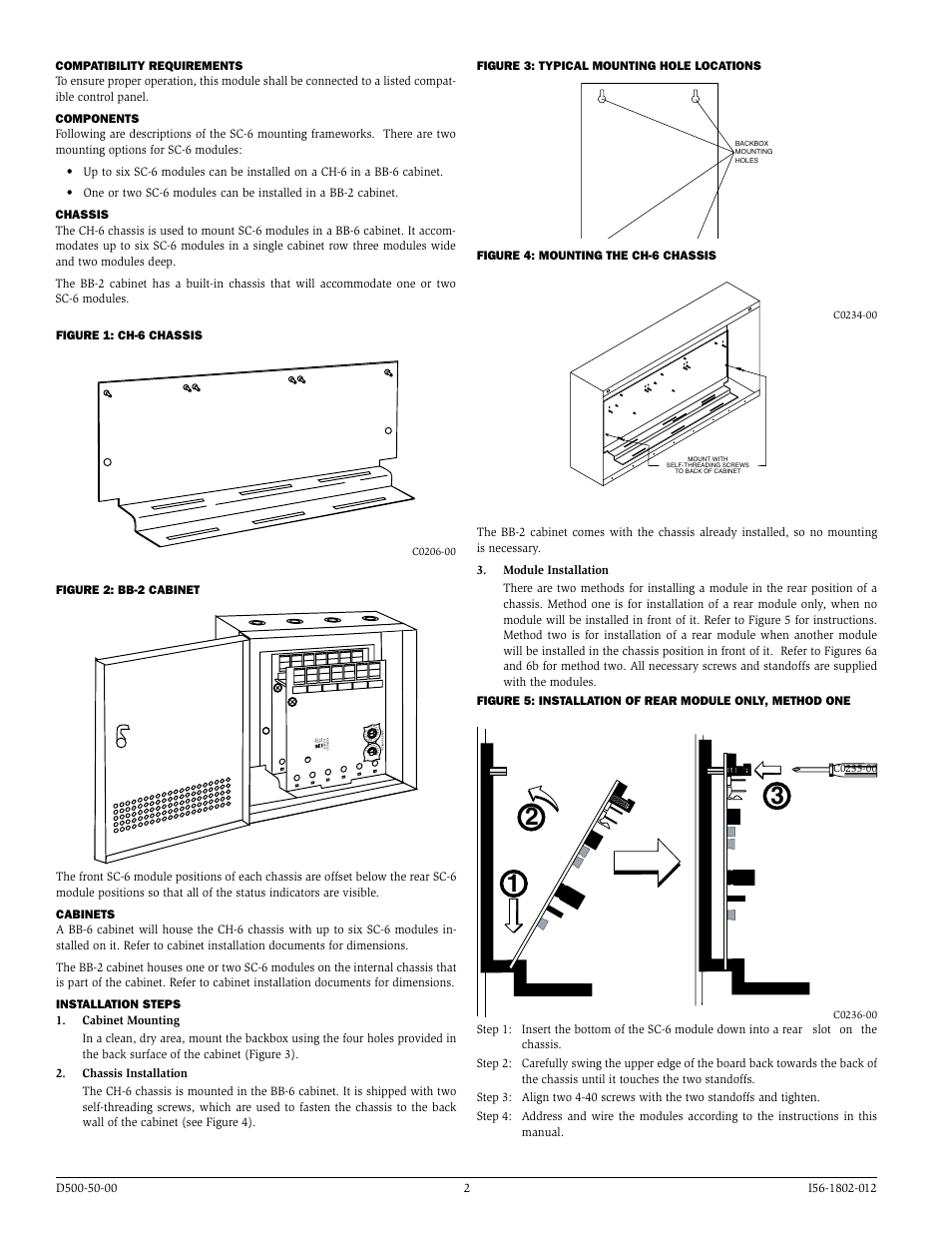 No ne on e tw o thr ee, None on e tw o thr ee, Figure 3: typical mounting hole locations | Figure 4: mounting the ch-6 chassis, Figure 1: ch-6 chassis figure 2: bb-2 cabinet | System Sensor SC-6 User Manual | Page 2 / 8