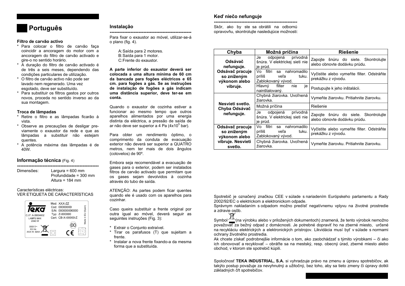 Português | Teka CNL1-2002 User Manual | Page 20 / 32