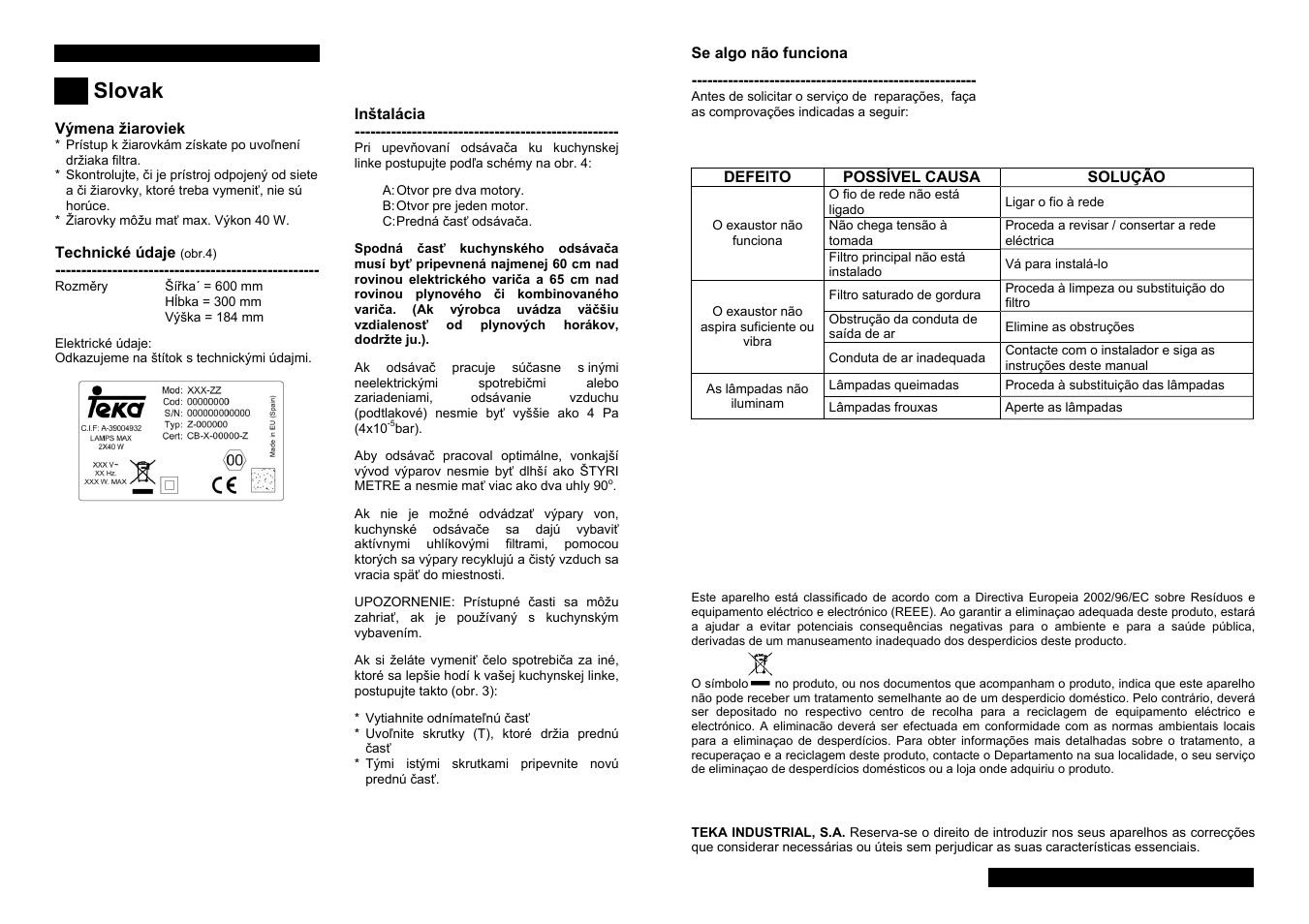 Slovak | Teka CNL1-2002 User Manual | Page 21 / 32