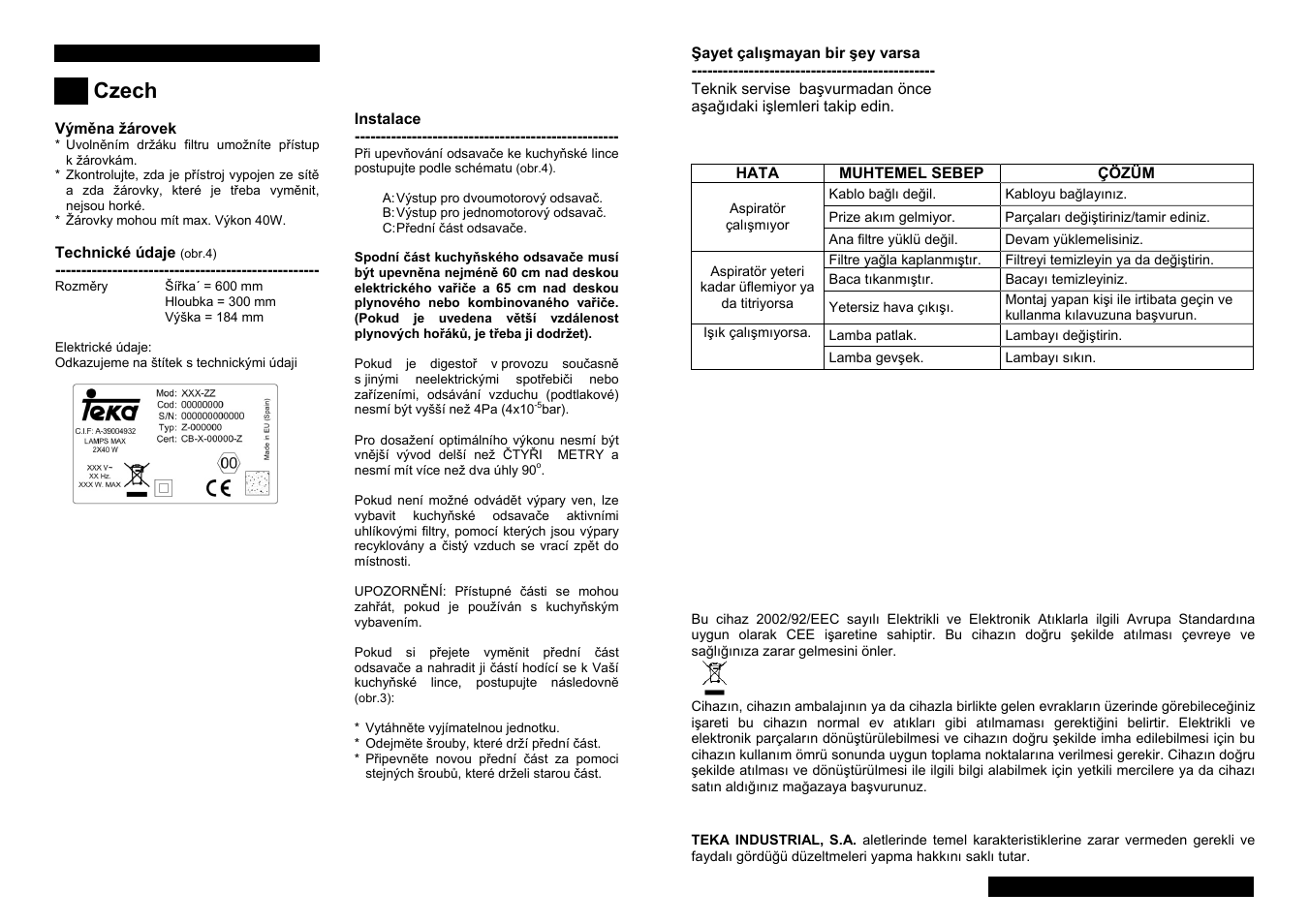 Czech | Teka CNL1-2002 User Manual | Page 25 / 32