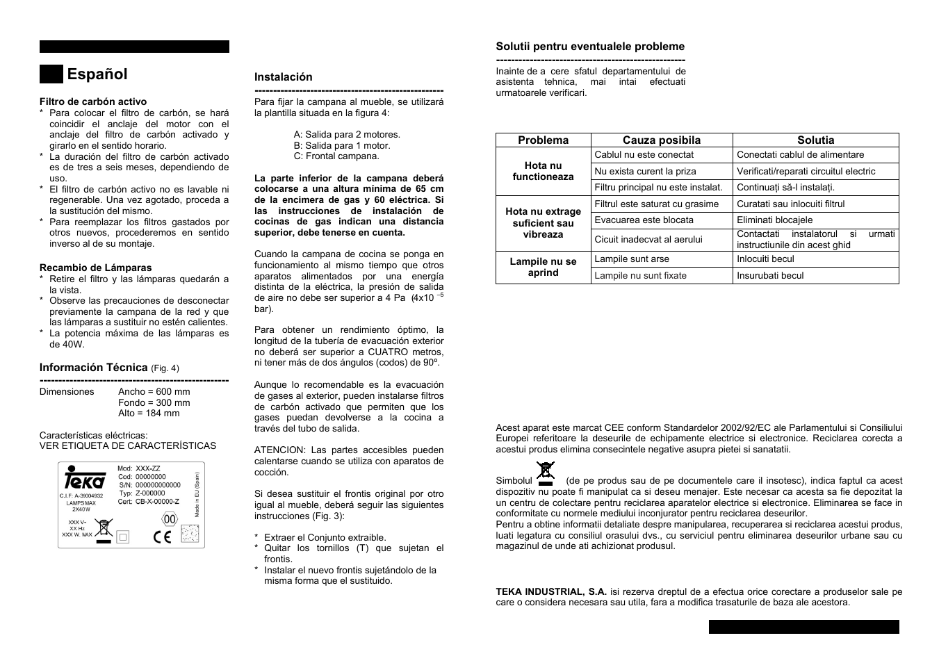 Spañol | Teka CNL1-2002 User Manual | Page 4 / 32