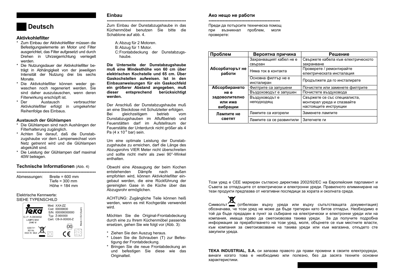 Eutsch | Teka CNL1-2002 User Manual | Page 8 / 32