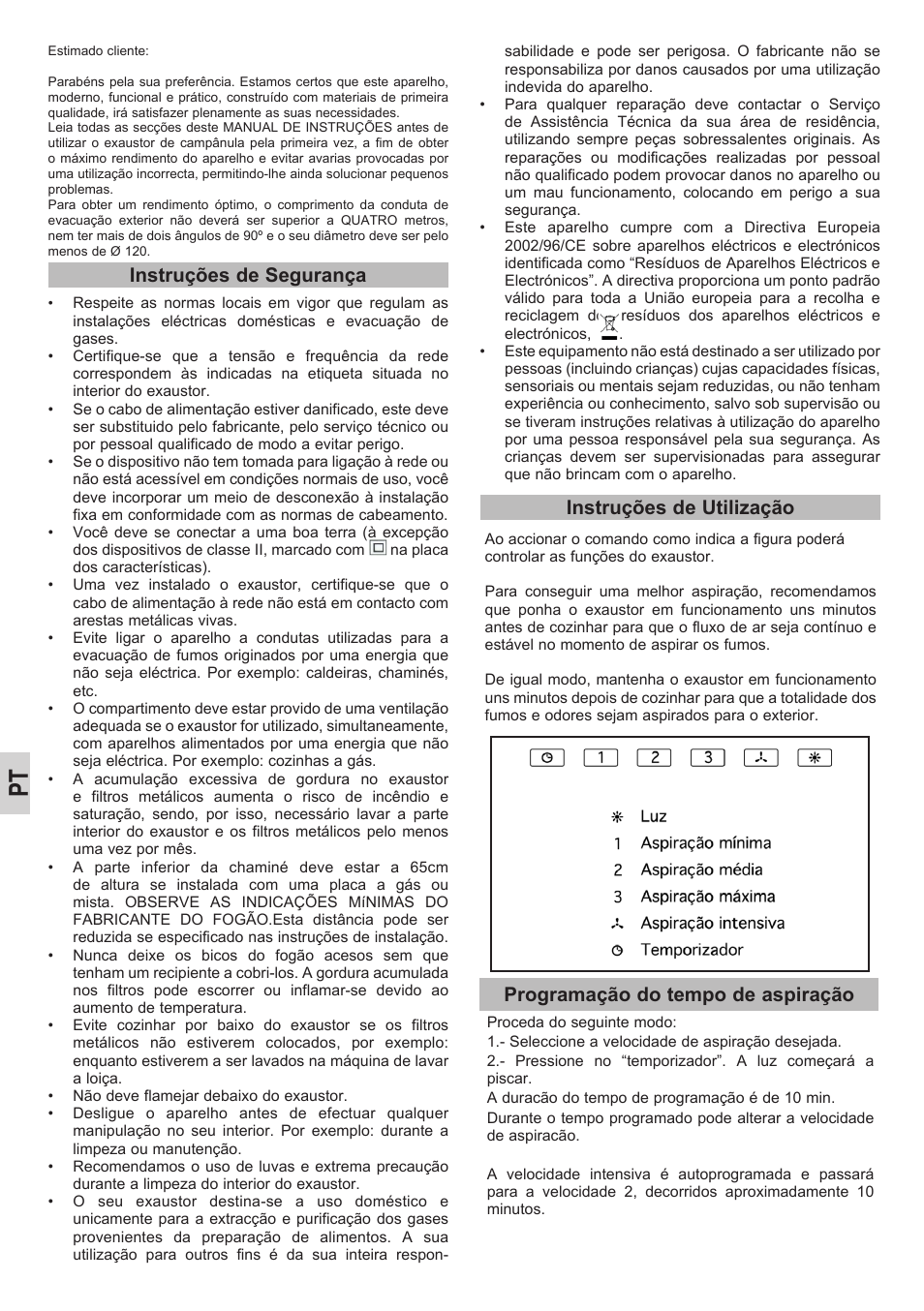 Instruções de segurança, Instruções de utilização, Programação do tempo de aspiração | Teka DEP-60 EHP STAINLESS User Manual | Page 12 / 36