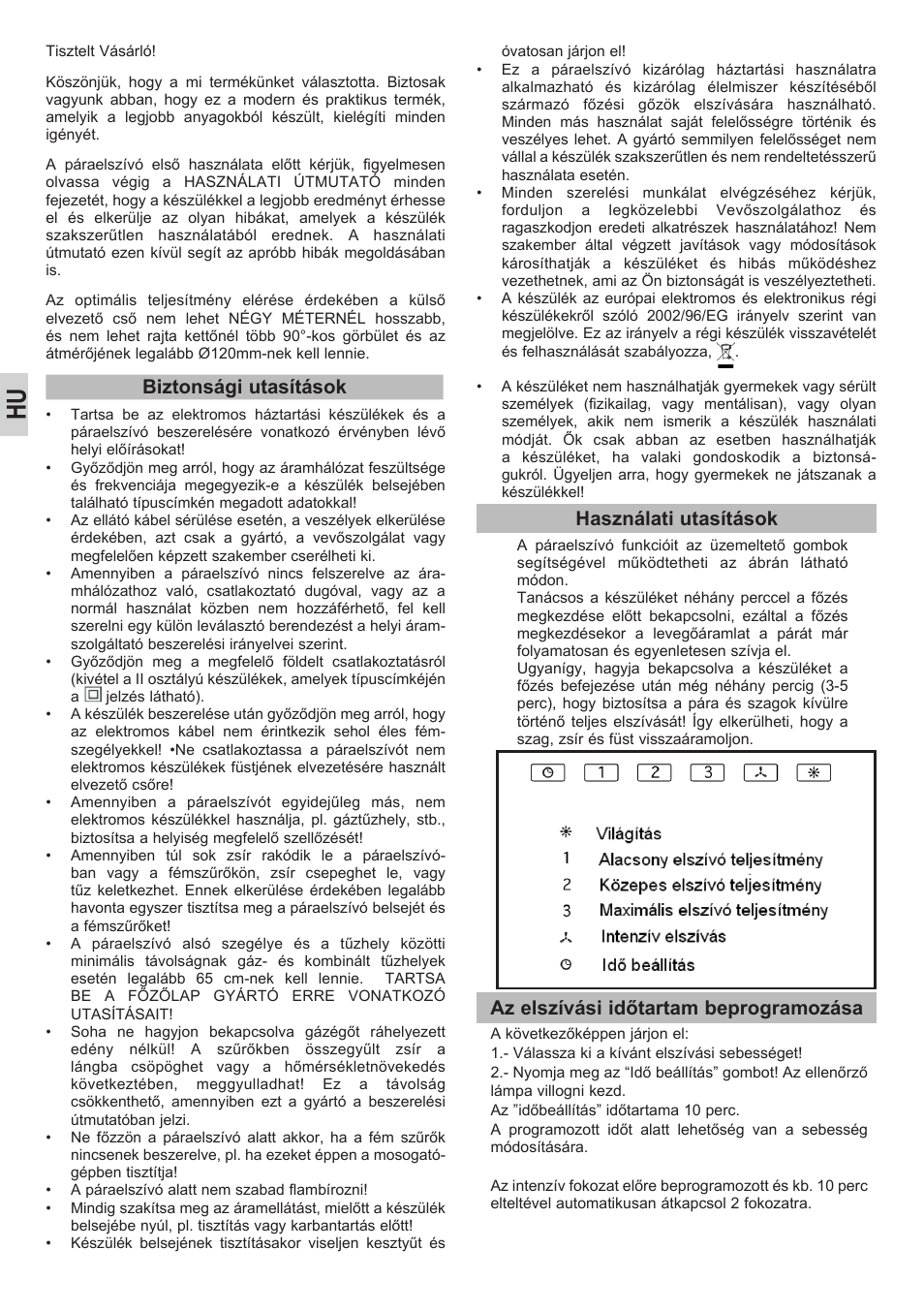 Biztonsági utasítások, Használati utasítások, Az elszívási időtartam beprogramozása | Teka DEP-60 EHP STAINLESS User Manual | Page 20 / 36