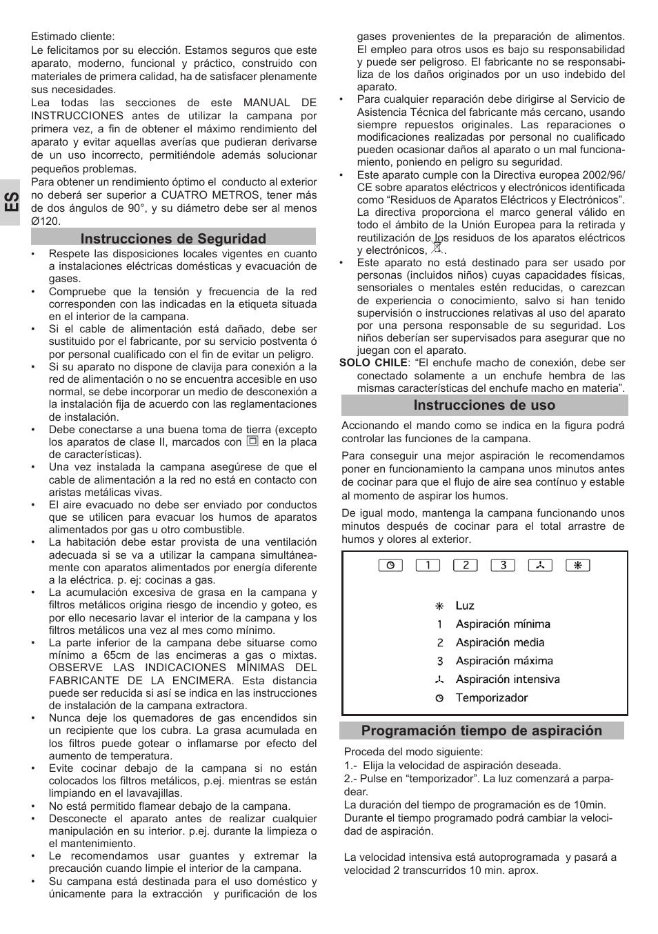 Instrucciones de seguridad, Instrucciones de uso, Programación tiempo de aspiración | Teka DEP-60 EHP STAINLESS User Manual | Page 4 / 36