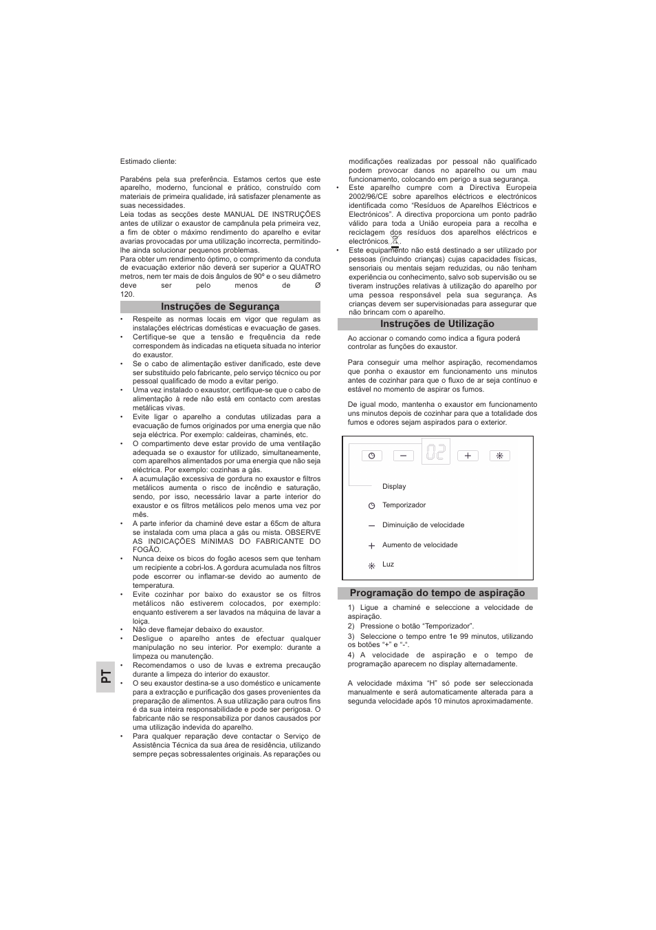 Instruções de segurança, Instruções de utilização, Programação do tempo de aspiração | Teka DH2 90_60 User Manual | Page 12 / 36