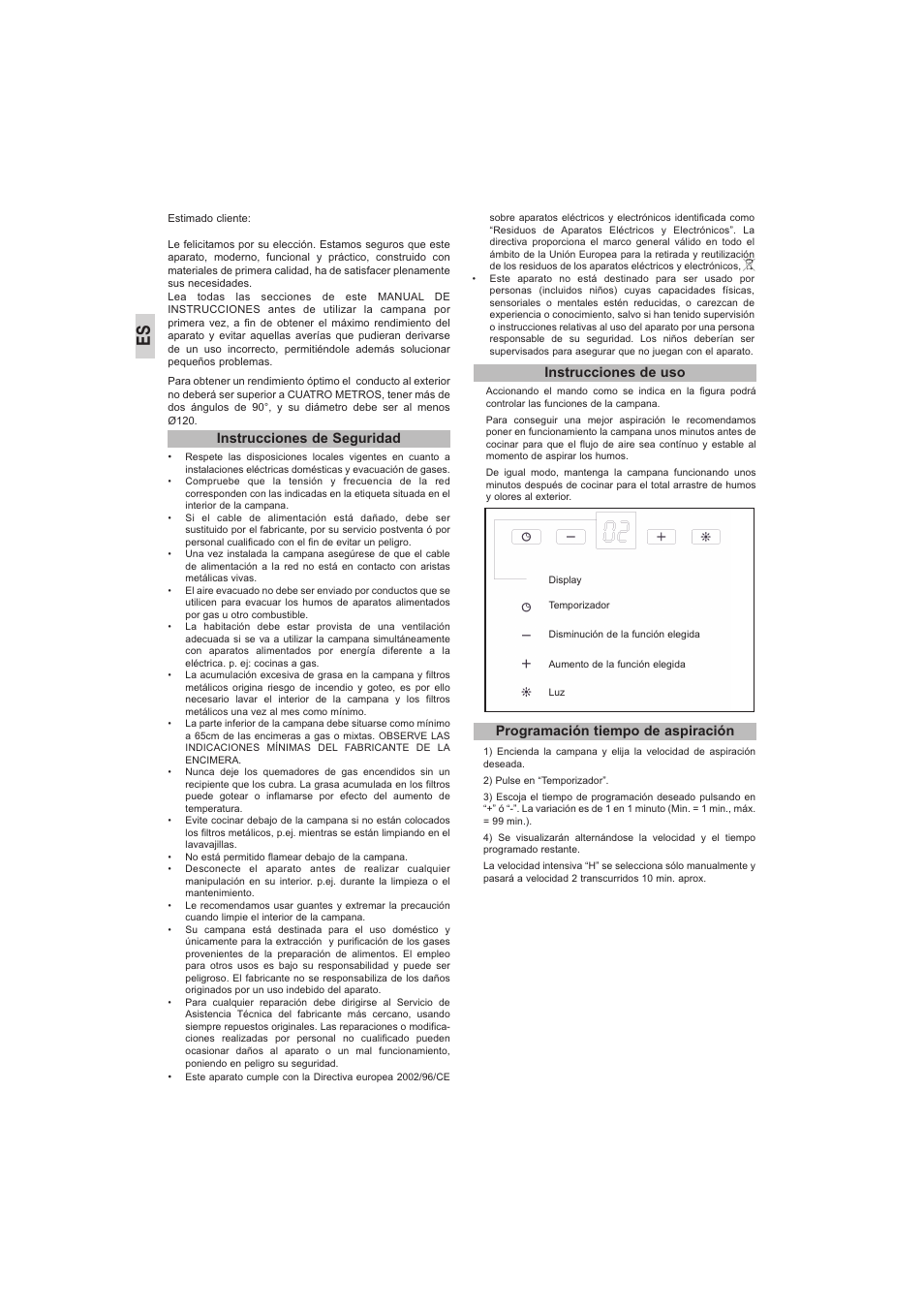 Instrucciones de seguridad, Instrucciones de uso, Programación tiempo de aspiración | Teka DH2 90_60 User Manual | Page 4 / 36