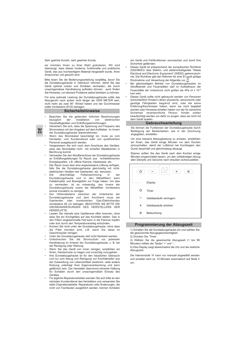 Sicherheitshinweise, Gebrauchsanleitung, Programmierung der abzugszeit | Teka DH2 90_60 User Manual | Page 6 / 36