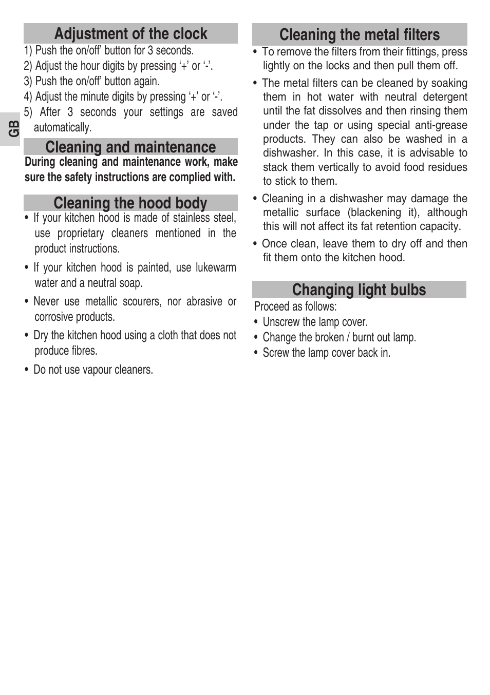 Adjustment of the clock, Cleaning the hood body cleaning and maintenance, Cleaning the metal filters changing light bulbs | Teka DPS 90 STAINLESS STEEL User Manual | Page 12 / 72