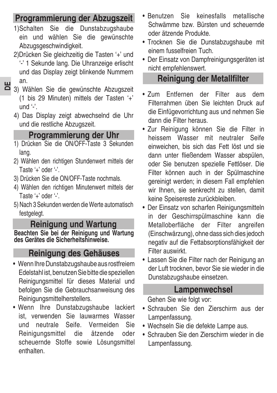 Programmierung der uhr, Reinigung und wartung reinigung des gehäuses, Programmierung der abzugszeit | Lampenwechsel reinigung der metallfilter | Teka DPS 90 STAINLESS STEEL User Manual | Page 8 / 72