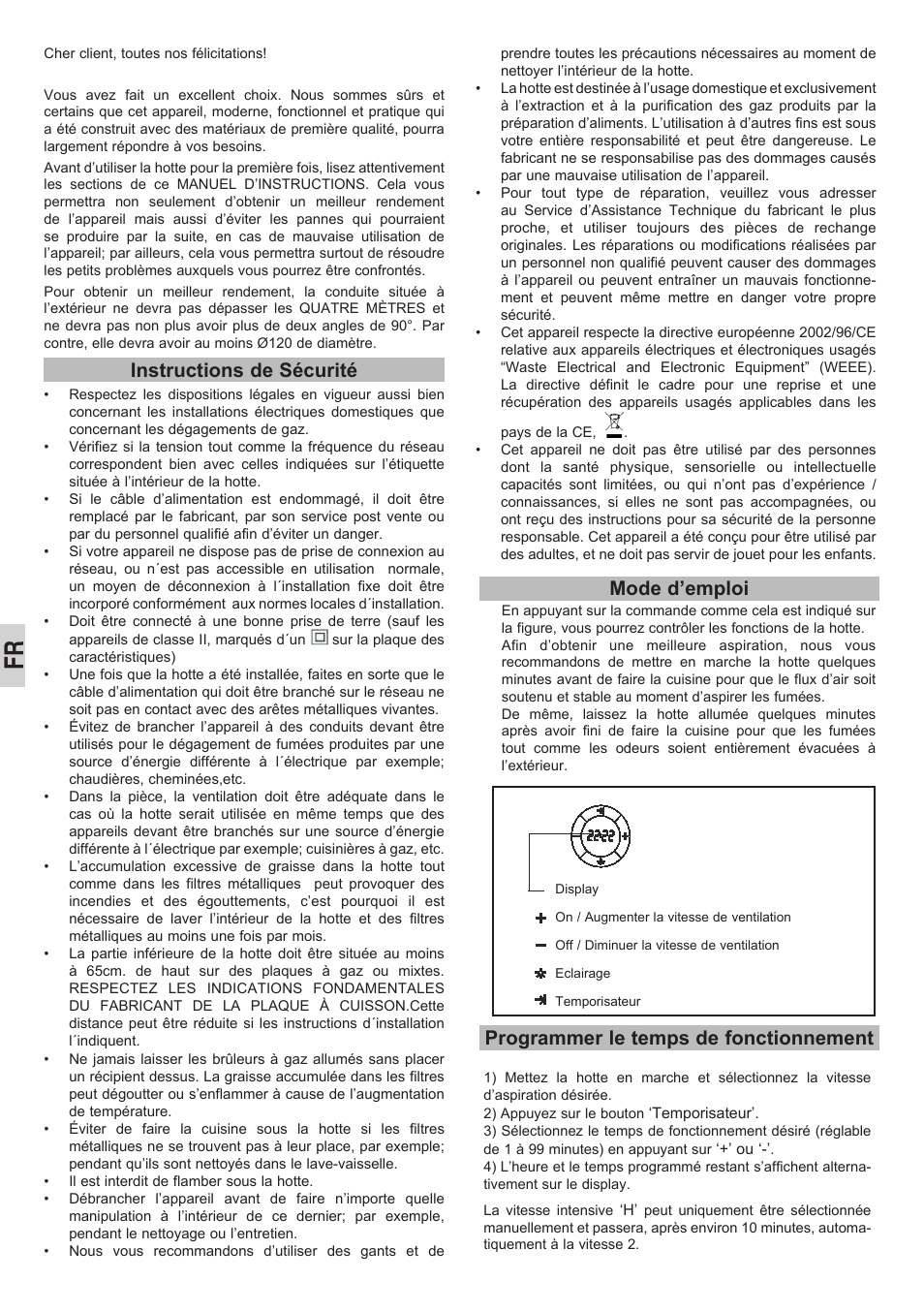 Instructions de sécurité, Mode d’emploi, Programmer le temps de fonctionnement | Teka DVL 90 User Manual | Page 12 / 40