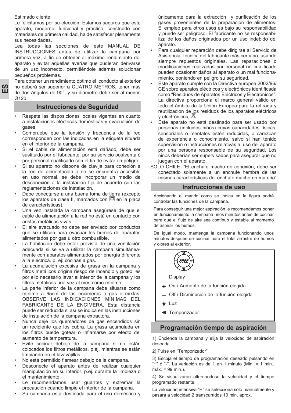 Instrucciones de seguridad, Instrucciones de uso, Programación tiempo de aspiración | Teka DVL 90 User Manual | Page 6 / 40